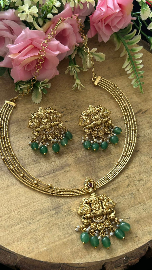 Antique Temple Jewellery Lakshmi Pendant Necklace Set with Green Beads & Earrings