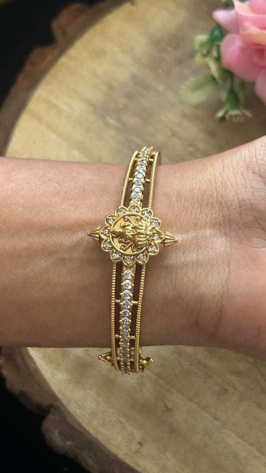 Ethnic Lakshmi Design Antique Kada openable Bangle with Stone Studded Work for Women ( comfort for sizes 2.4 & 2.6)