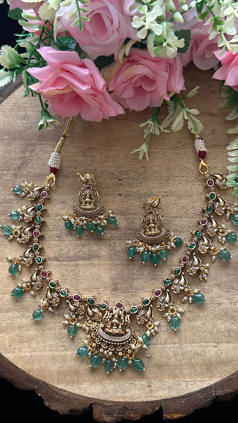 Green Temple Necklace Set with Lakshmi Motif