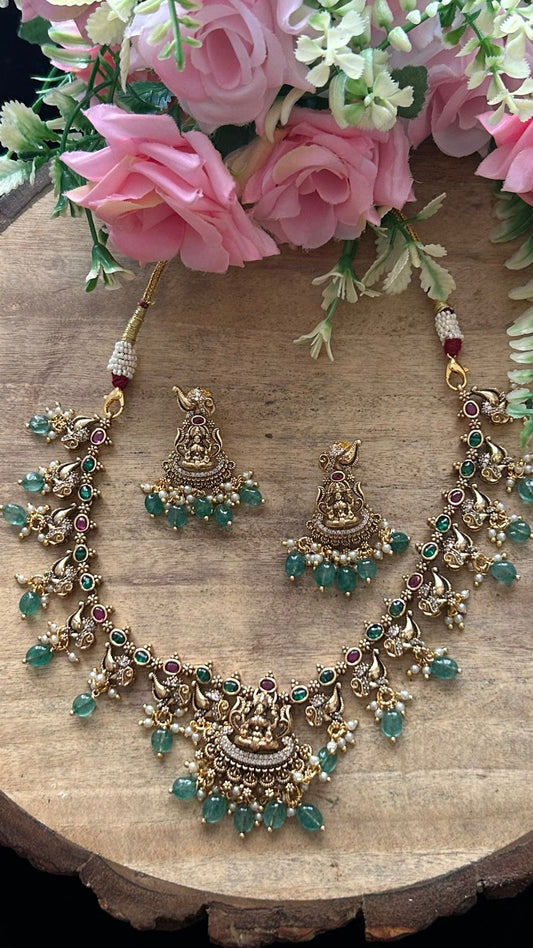 Green Temple Necklace Set with Lakshmi Motif