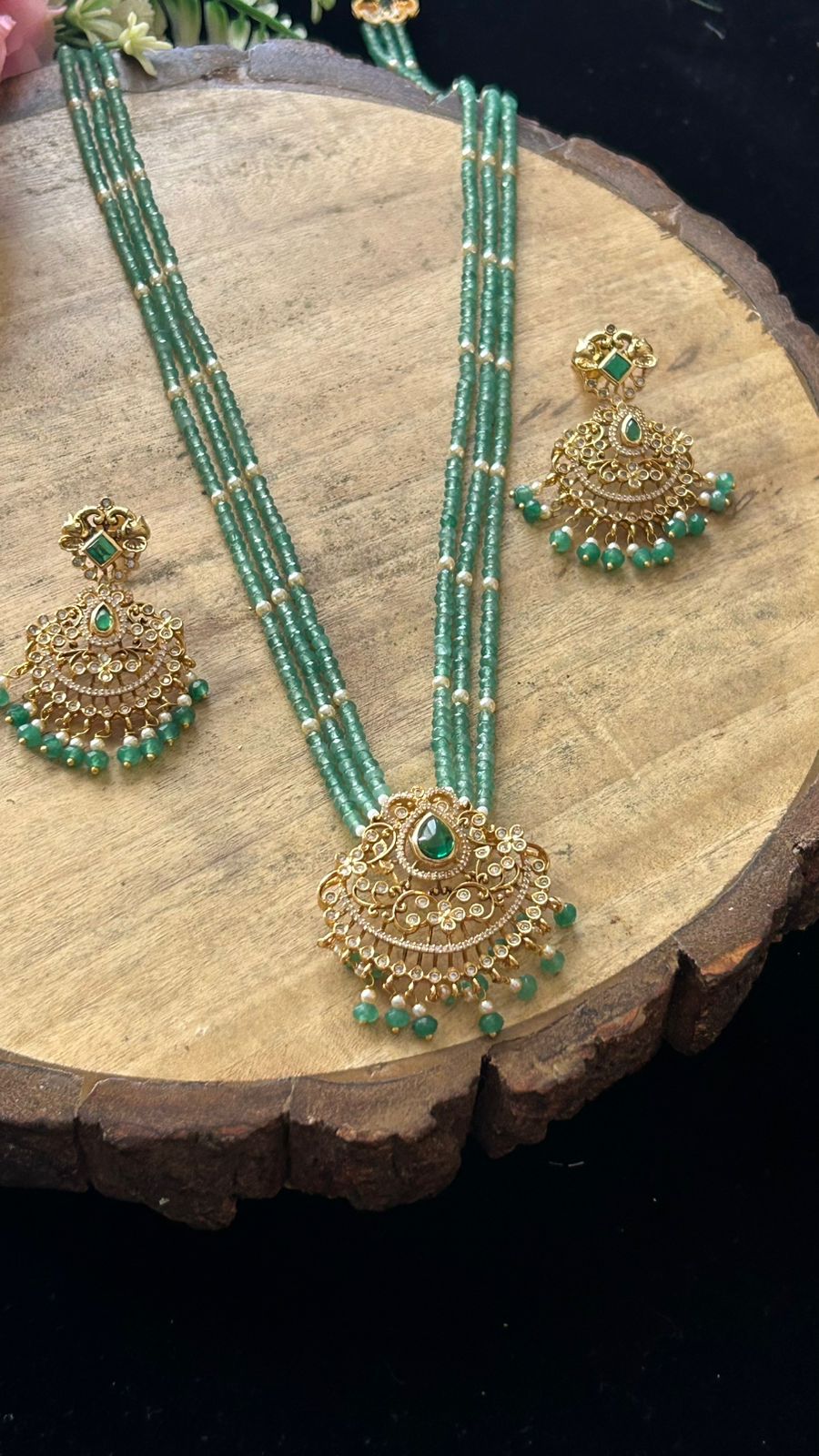 Traditional Green Bead Necklace Set with Gold Pendant & Earrings