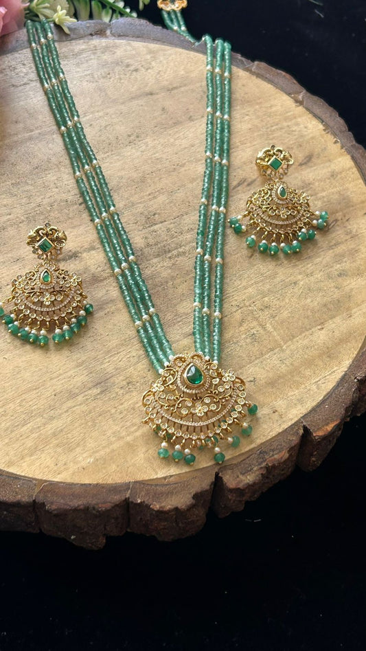 Traditional Green Bead Necklace Set with Gold Pendant & Earrings