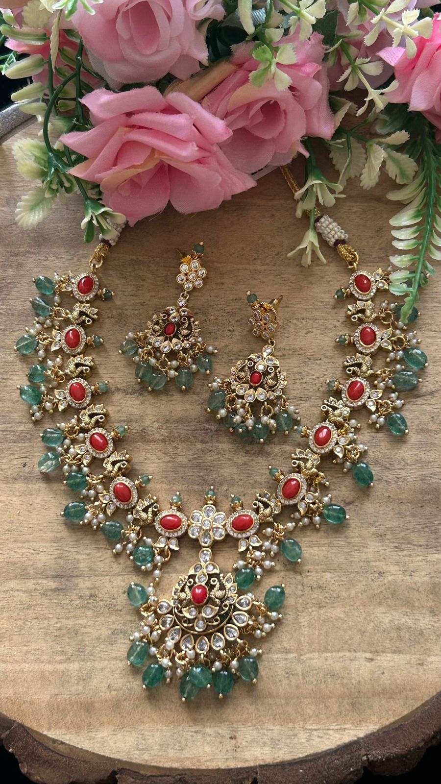 Bridal Temple Jewellery Necklace Set with Red Stones, Green Beads & Earrings