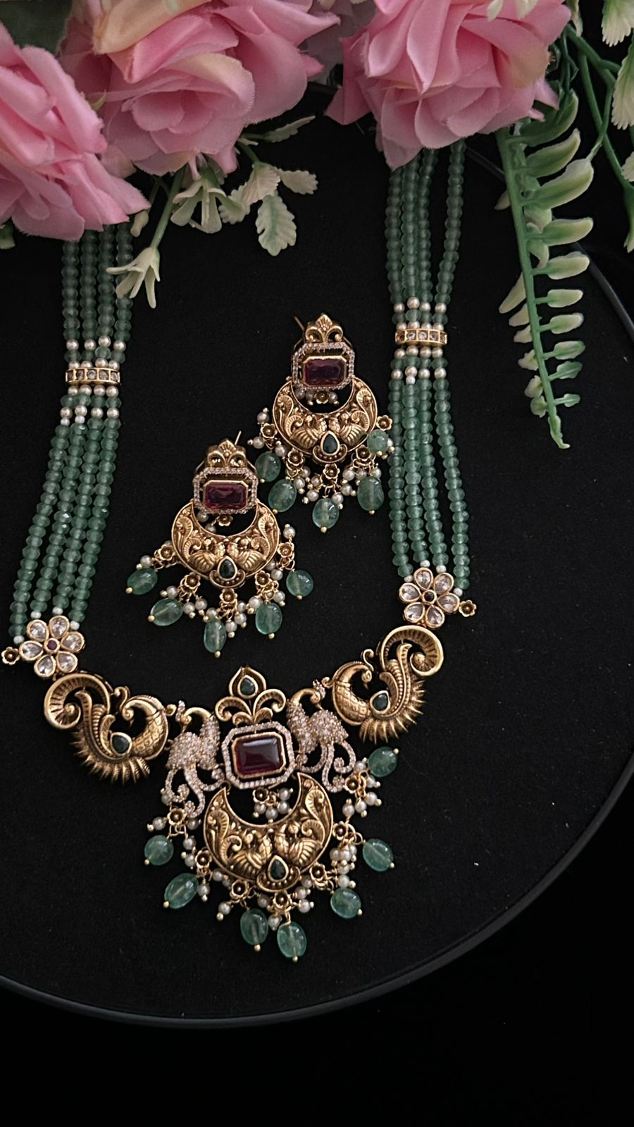 Jewelery Set with Green Beads & Ruby Stone – Bridal Necklace & Earrings