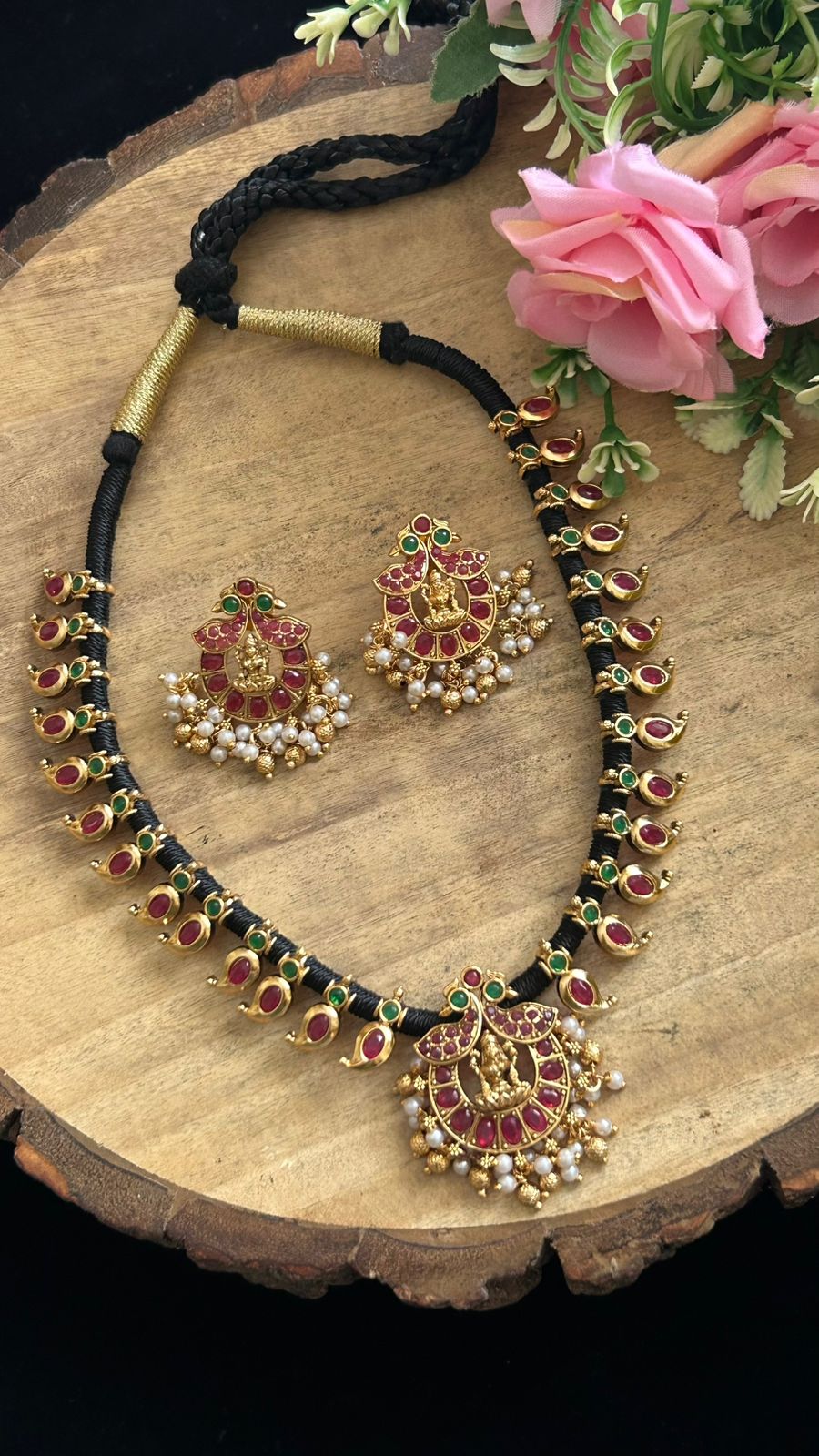 Handcrafted Temple Jewellery Black Thread Necklace Set with Ruby, Emerald & Pearls
