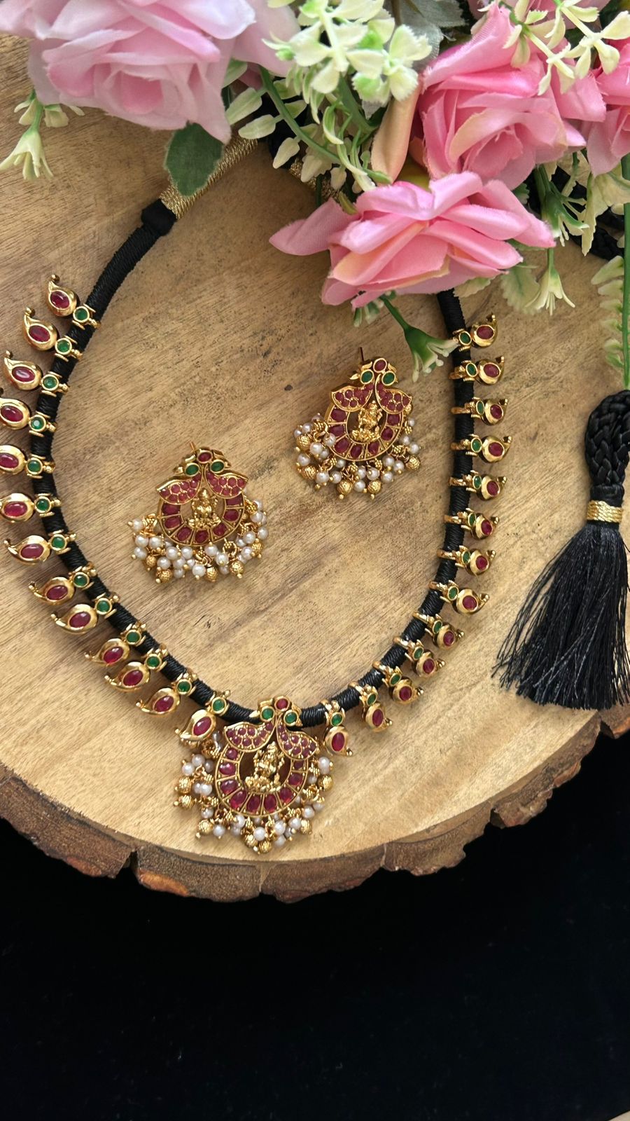 Handcrafted Temple Jewellery Black Thread Necklace Set with Ruby, Emerald & Pearls