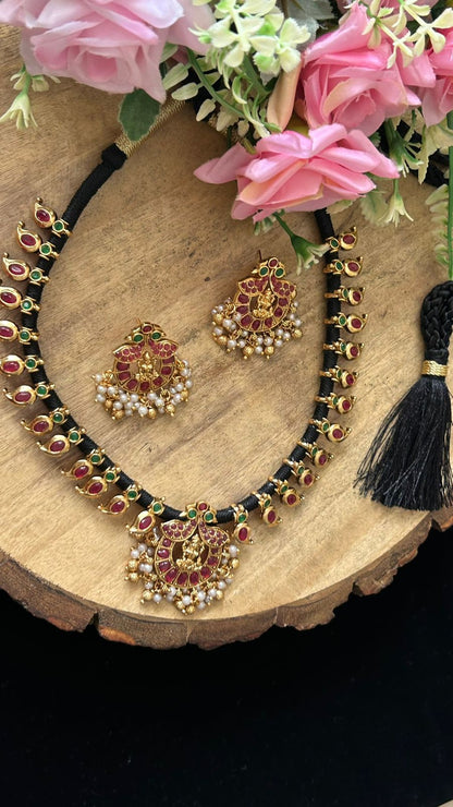 Handcrafted Temple Jewellery Black Thread Necklace Set with Ruby, Emerald & Pearls