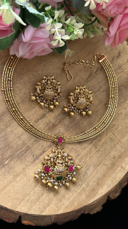 Handcrafted Lakshmi Pendant Antique Necklace Set with Ruby Emerald Stones & Jhumka Earrings