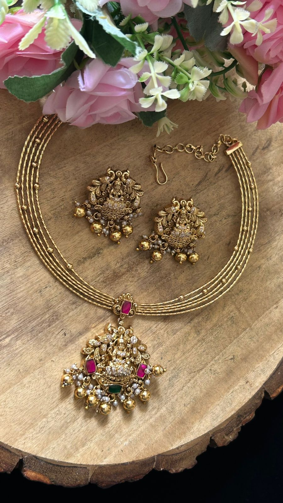 Handcrafted Lakshmi Pendant Antique Necklace Set with Ruby Emerald Stones & Jhumka Earrings