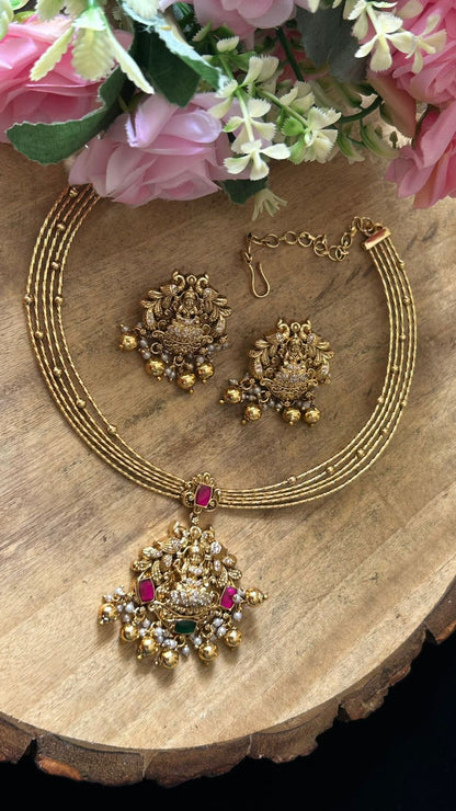 Handcrafted Lakshmi Pendant Antique Necklace Set with Ruby Emerald Stones & Jhumka Earrings