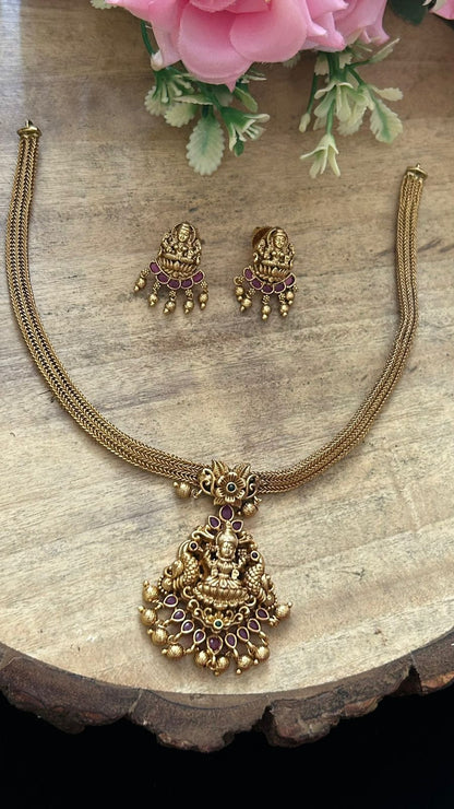 Handcrafted Antique Gold Lakshmi Necklace Set with Ruby Stones & Earrings