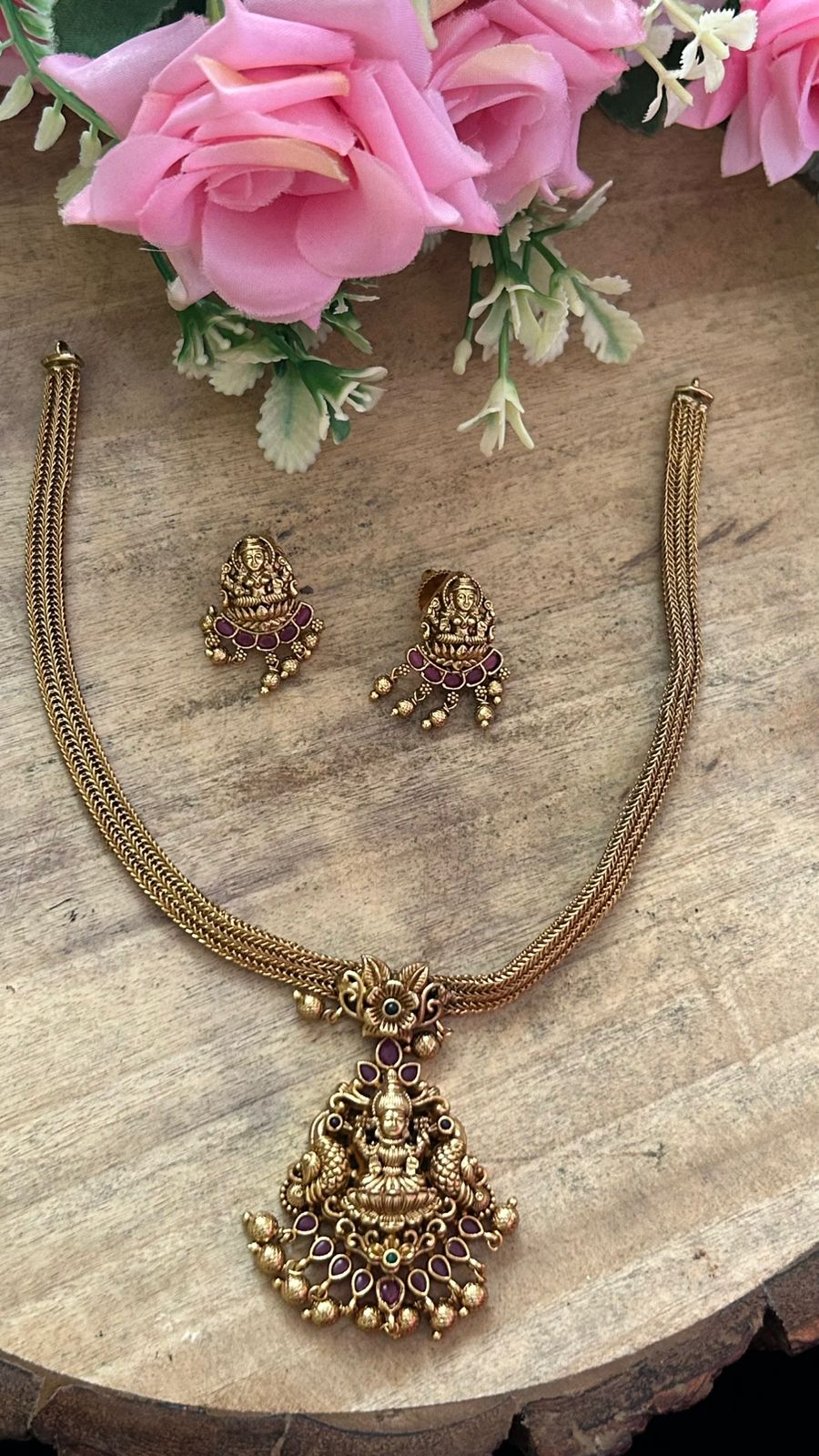 Handcrafted Antique Gold Lakshmi Necklace Set with Ruby Stones & Earrings