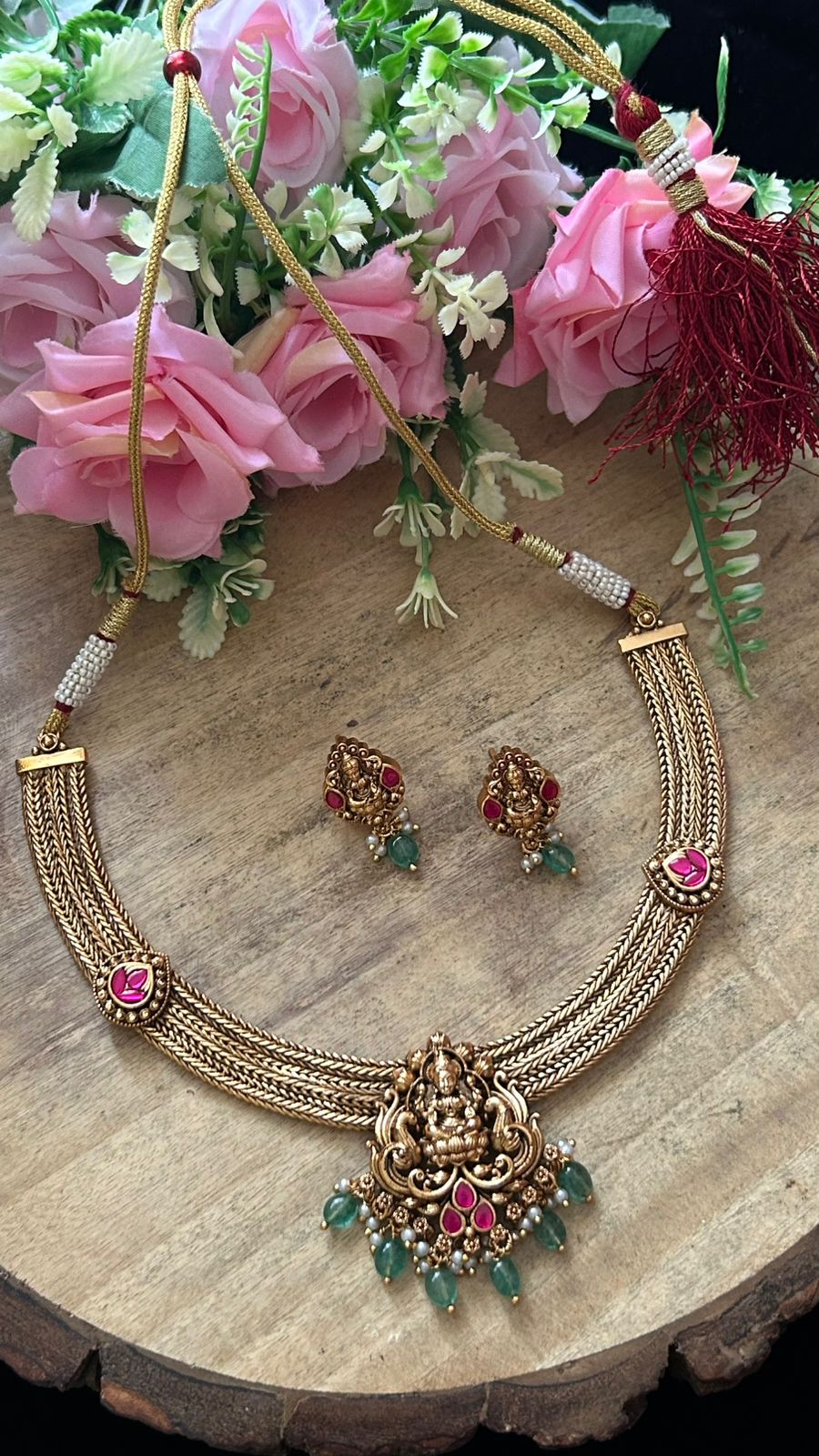 Antique Temple Jewellery Lakshmi Pendant Necklace Set with Green Beads & Earrings