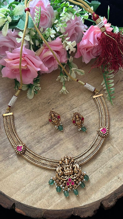 Antique Temple Jewellery Lakshmi Pendant Necklace Set with Green Beads & Earrings