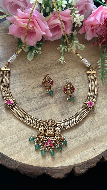 Antique Temple Jewellery Lakshmi Pendant Necklace Set with Green Beads & Earrings