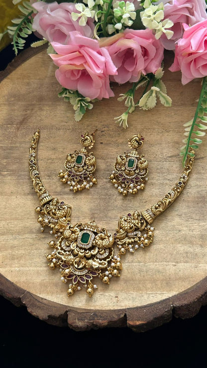 Traditional South Indian Bridal Necklace Set – Antique Gold with Green & Ruby Stones