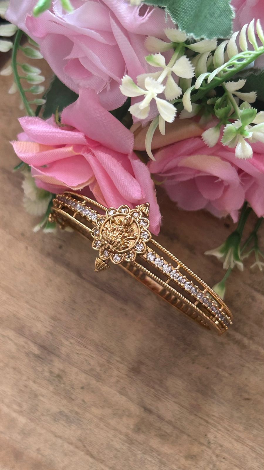 Ethnic Lakshmi Design Antique Kada openable Bangle with Stone Studded Work for Women ( comfort for sizes 2.4 & 2.6)