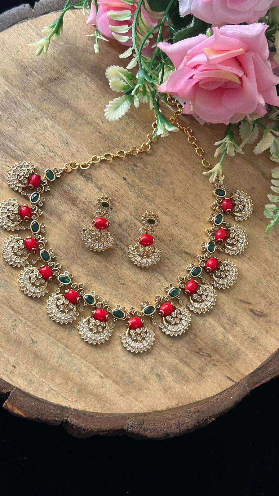 Handcrafted Red Bead & Green Stone Kundan Necklace Set with Earrings