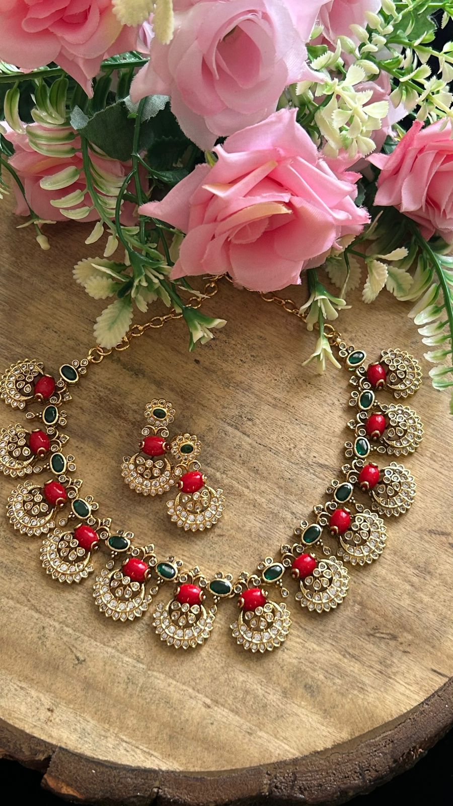 Handcrafted Red Bead & Green Stone Kundan Necklace Set with Earrings