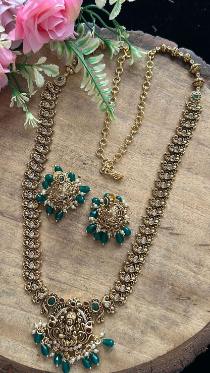 Antique Gold Lakshmi Necklace with Green Beads & Jhumka Earring
