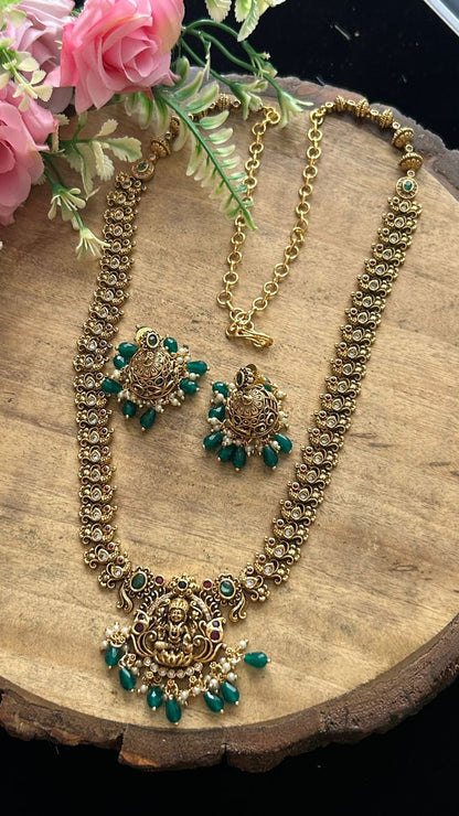 Antique Gold Lakshmi Necklace with Green Beads & Jhumka Earring