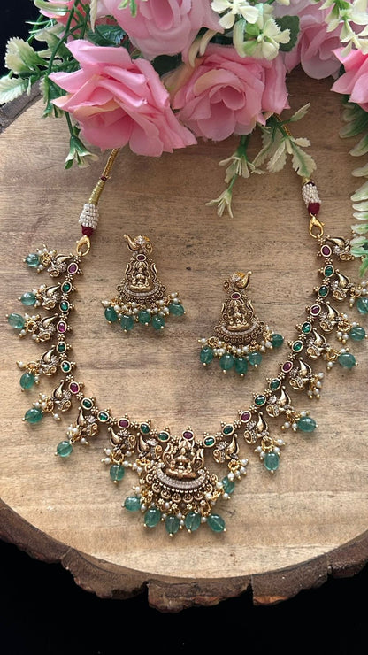 Green Temple Necklace Set with Lakshmi Motif