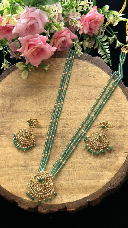 Traditional Green Bead Necklace Set with Gold Pendant & Earrings