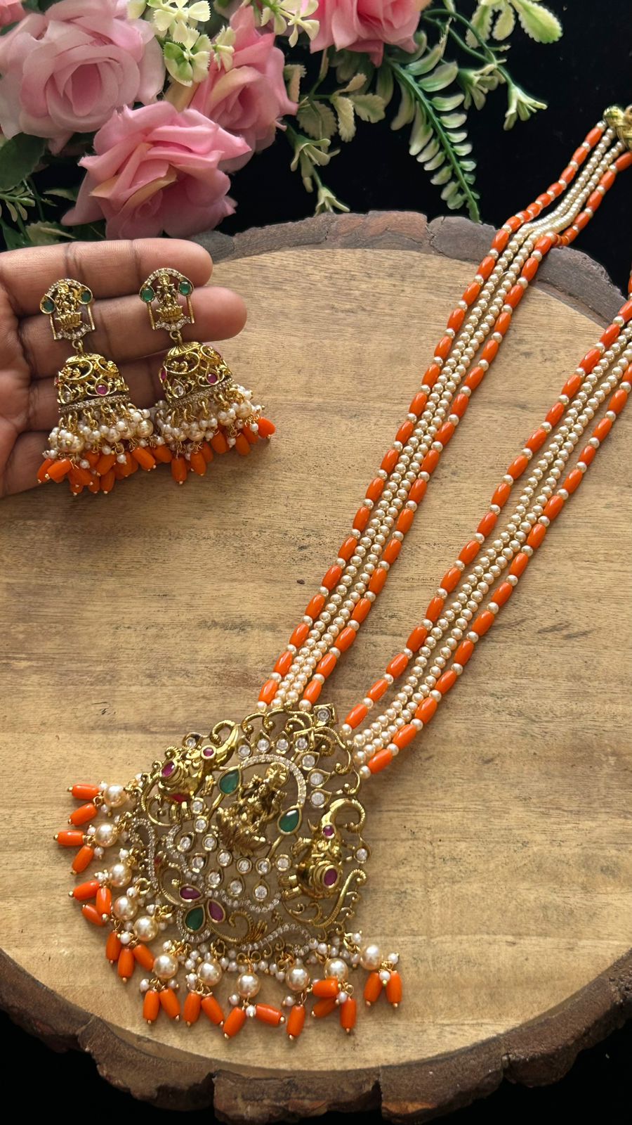 Temple Jewellery Lakshmi Pendant Necklace with Orange Beads, Pearls & Jhumka Earrings
