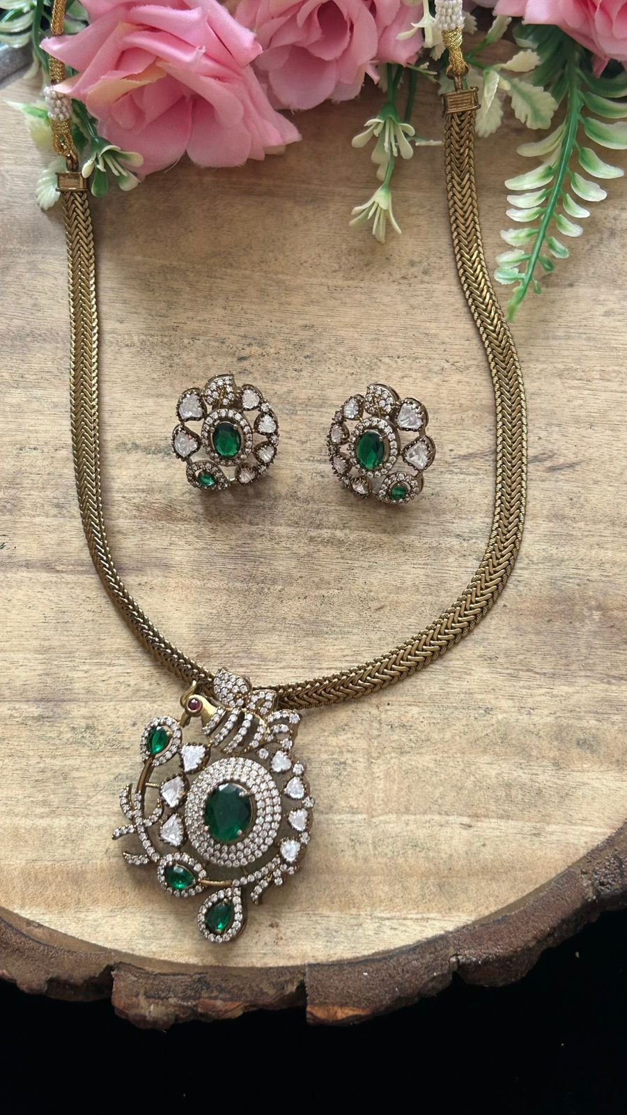 Designer Emerald Stone Necklace Set with Matching Earrings –