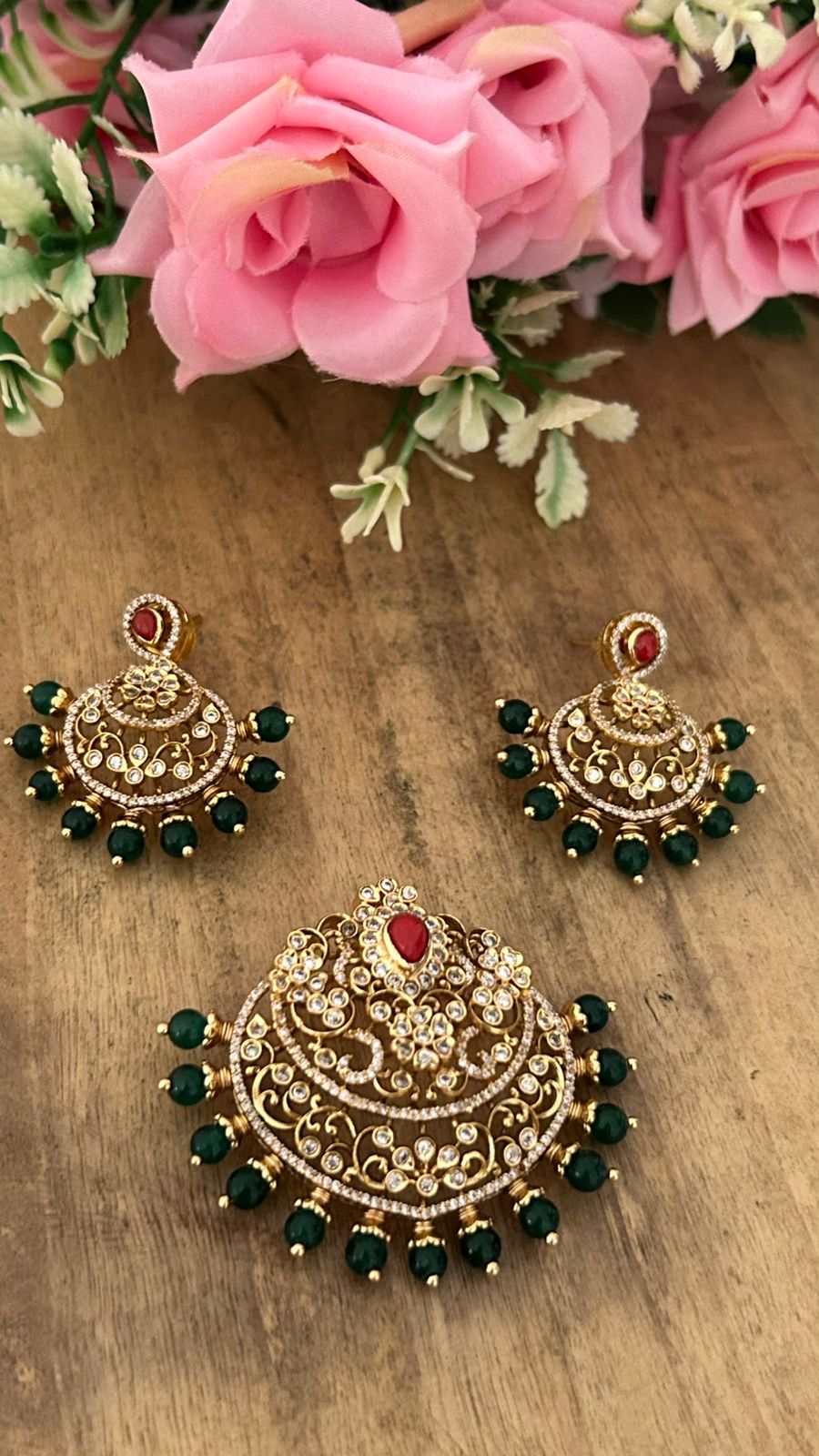 Red & Green Stone pendent and ear rings – Chandbali Design