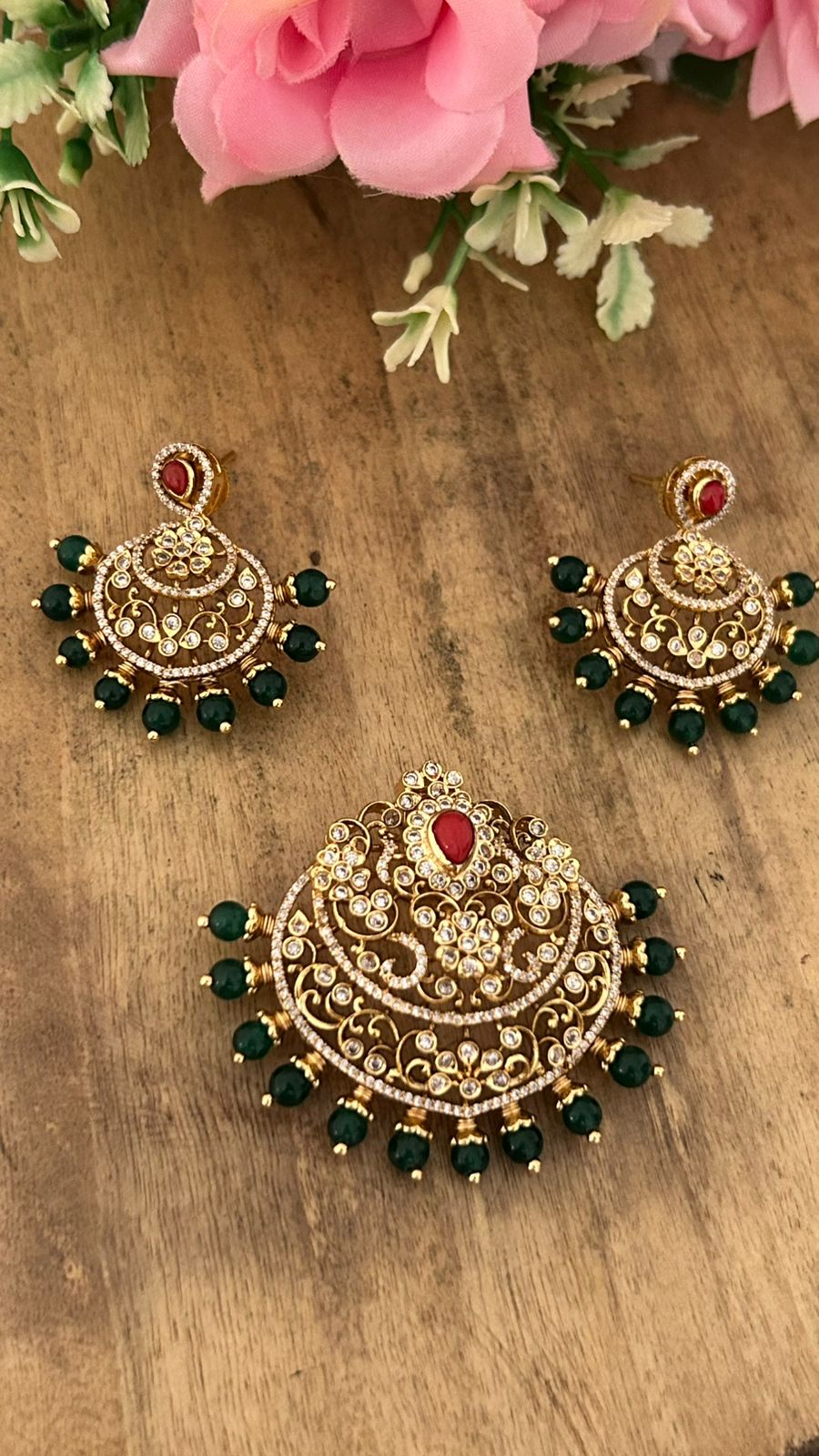 Red & Green Stone pendent and ear rings – Chandbali Design