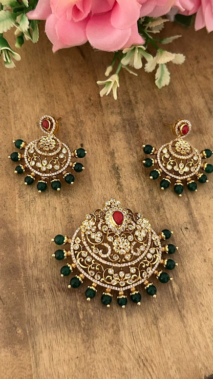 Red & Green Stone pendent and ear rings – Chandbali Design