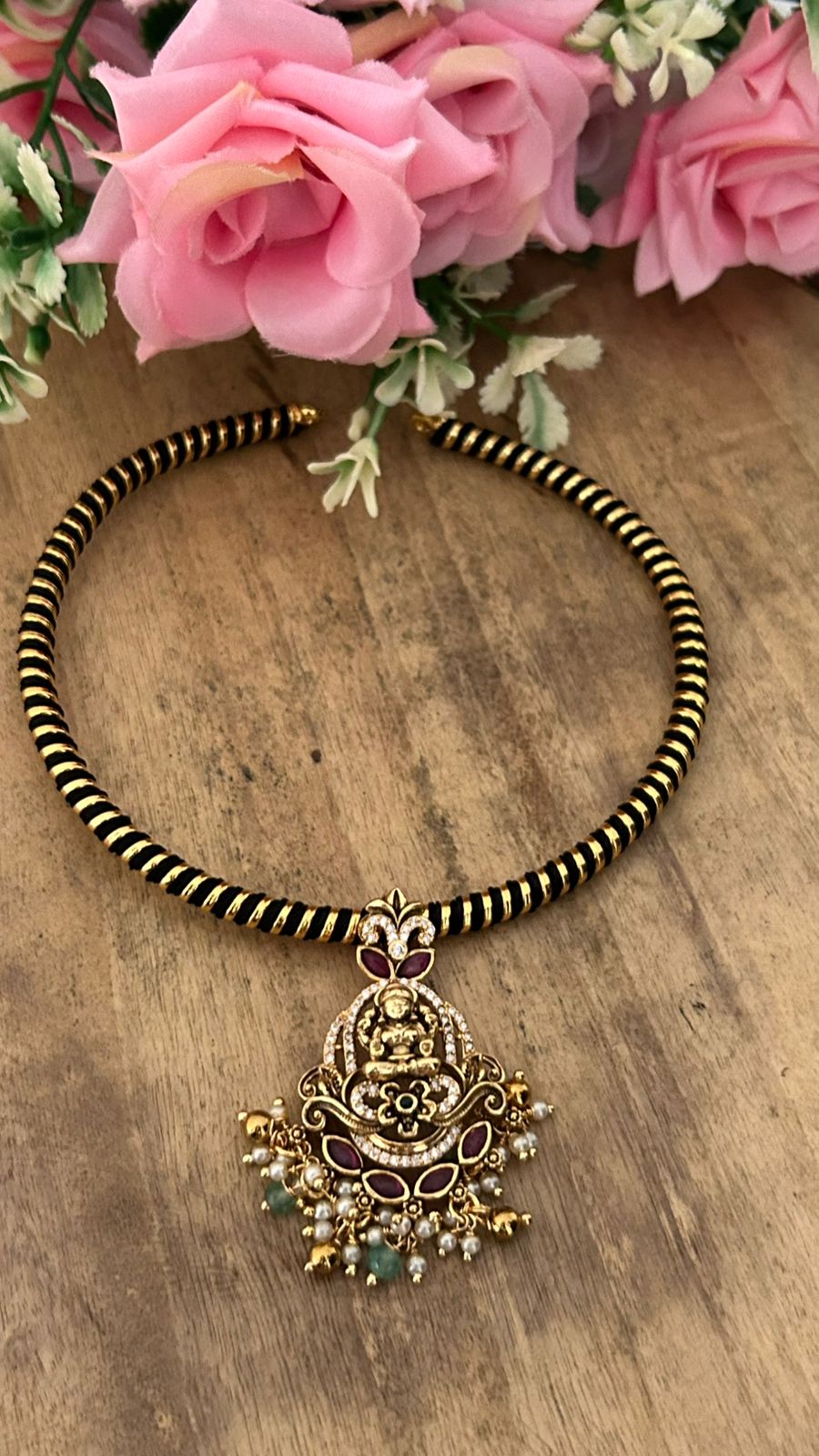 Pearl Drop Lakshmi Necklace with black chain