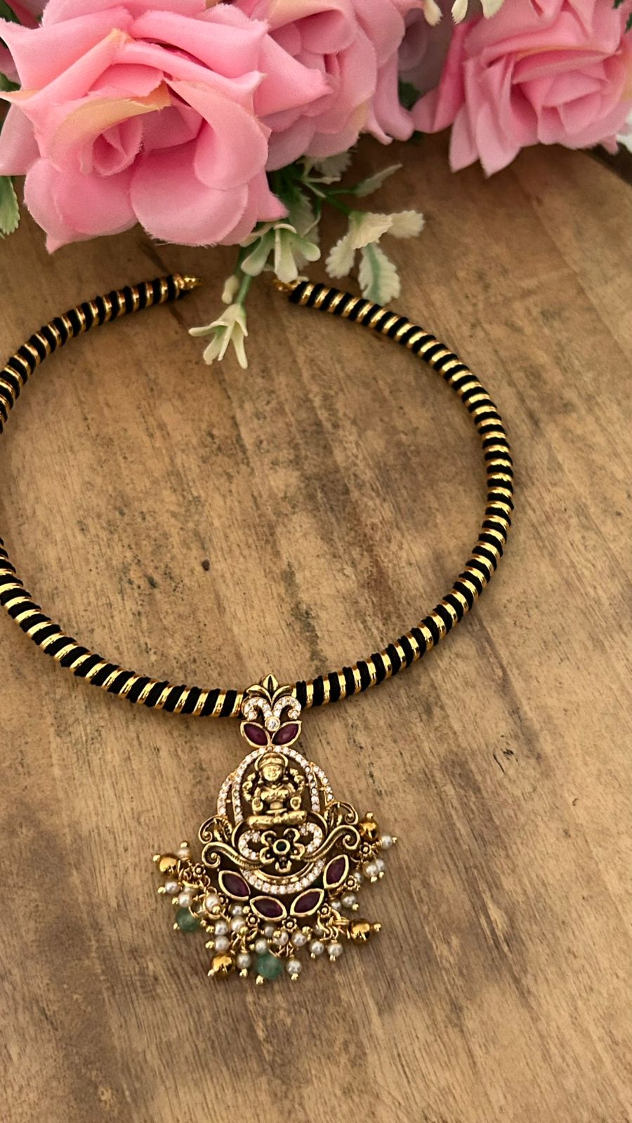 Pearl Drop Lakshmi Necklace with black chain